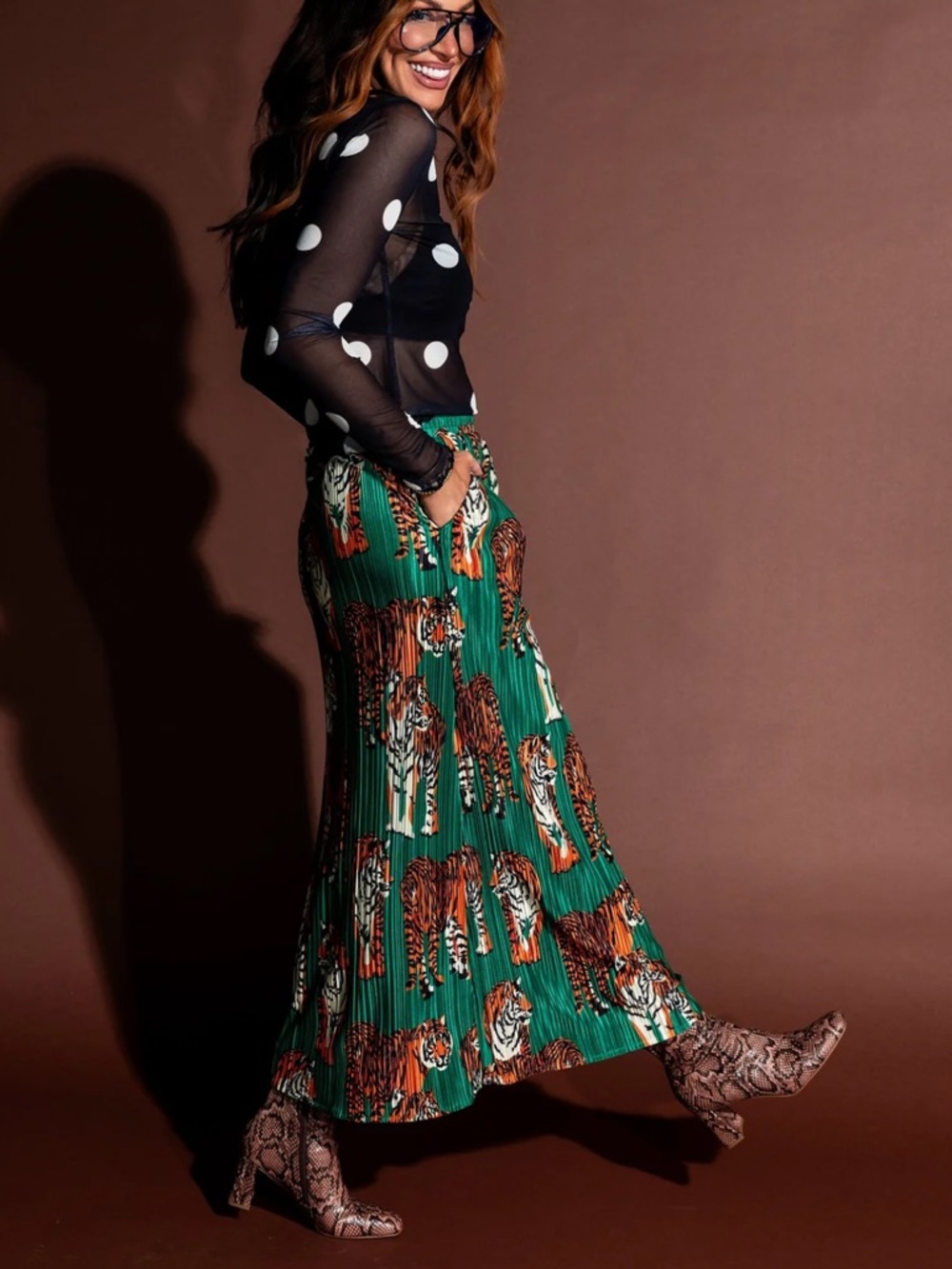 Dressed in Lala Santorini Midi Plisse Pleated Skirt in Green Tiger Tales Print - Picture 6 of 12